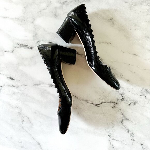 Chloe Womens Black Patent Leather Scalloped Low Block Pumps - Picture 5 of 9